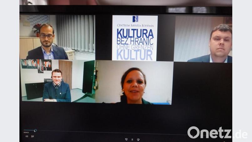 Die Diskussionsteilnehmer (von links oben nach rechts unten): Dr. Bernhard Edenharter, kommissarischer Leiter des Gesundheitsamtes Cham, Martin Kopecký, Bürgermeister der Stadt Poběžovice (Ronsperg), Thomas Ebeling, Landrat des Landkreises Schwandorf, und Moderatorin Bára Procházková.
nicht auf dem Zoom-Foto:
- MUDr. Václav Šimánek, Ph.D., Direktor der Universitätsklinik Pilsen Bild: eib