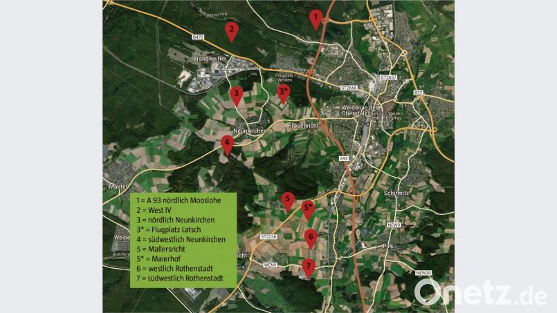 Neben West IV haben die beauftragten Planungsbüros weitere sechs Alternativstandorte für ein Gewerbegebiet in Weiden geprüft. Grafik: Lukas Meister