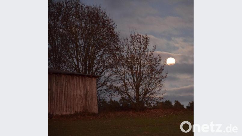 Und plötzlich ist er da, der Vollmond nach den nebelverhangenen Tagen der vergangenen Woche. Gespenstisch wirft er seinen langen Schatten über eine alte Feldscheune und sein kaltes Licht verheddert sich wie dünne, helle Fäden im Geäst der einsamen Laubbäume. Bild: bö