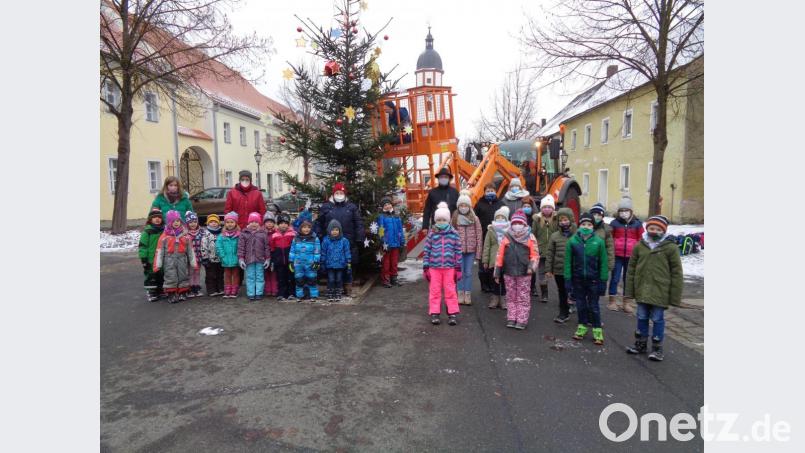 Stolz präsentieren sich die Kindergartenkinder (links) und die Buben und Mädchen der Mittagsbetreuung (rechts) mit Walter Schauer (in der Mitte) vor dem Christbaum. Bild: amö