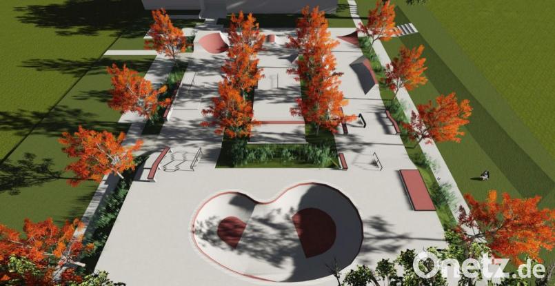 Treppenstufen mit Handläufen, Rampen und eine Bowl sind nur einige der Elemente im geplanten Skatepark am Jugendzentrum, die für mehr Fahrspaß sorgen sollen - umgeben von viel Grün. Bild: Maier Landschaftsarchitektur, Köln