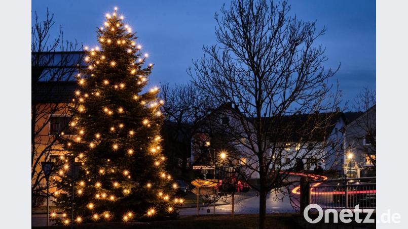 Der Dorfplatz in Teunz mit dem Chrsitbaum, gespendet von Gerhard Zeitler, und einer kleinen Lichtmalerei. Bild: tkr