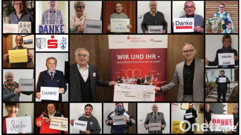 Die im Rathaus Waldsassen erstellte Collage zeigt in der Mitte Bürgermeister Bernd Sommer (rechts) und Sparkassen-Vorstandsvorsitzenden Ludwig Zitzmann zusammen mit den Vertretern der begünstigten Vereine und Organisationen. Bild: Stadt Waldsassen/exb