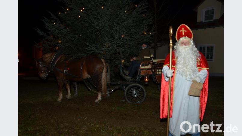 Vor dem Christbaum am Altenstädter Dorfplatz beginnt der Nikolaus seine Tour mit dem Pferdegespann. &quot;Max&quot; und &quot;Gustl&quot; und Kutscher Otto Peugler sind eine echte Attraktion in der Stadt. Bild: dob