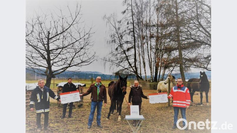 Lisa und Tom Ziegler danken der Feuerwehr und den Helfern vor Ort mit einer Spende. Bild: gz