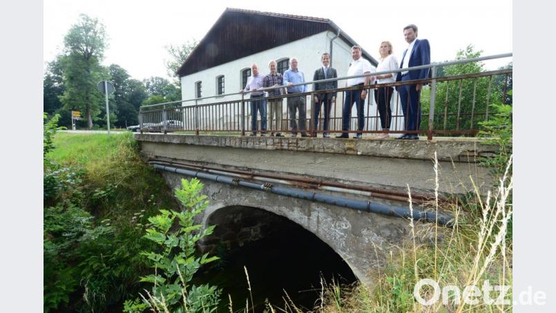 Personengruppen verkraftet die Brücke bei Peugenhammer natürlich locker - beim Schwerlastverkehr wird es eher schon kritisch. Den Zustand der Brücke beschriieb Hans-Peter Lang (links), den Vertretern der Staatlichen Bauamtes mit Bauoberrat Gerhard Kederer. Leitendem Baudirektor Henner Wasmuth, MdB Albert Rupprecht, Bürgermeister Rainer Rewitzer (von links) und MdL Stephan Oetzinger (rechts). Zweite Bürgermeister Andrea Lang kennt die Situation natürlich ohnehin. Bild: bey