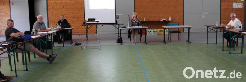 Bei der Gemeinderatssitzung im gebotenen Abstand (von links): Horst Heinl, Erhard NItzbon, Michael Hufnagel aus dem Bauamt der Verwaltungsgemeinschaft, Bürgermeisterin Brigitte Bachmann und Udo Füssel.. Bild: sis