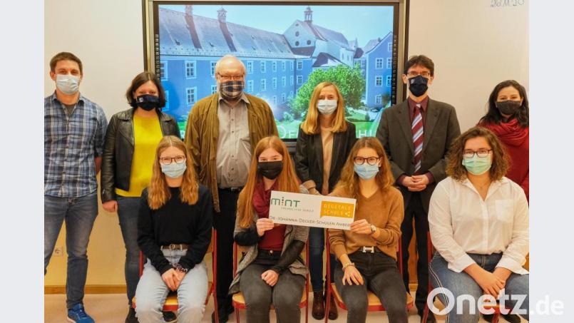 Die Vertreter der Decker-Schulen freuen sich über die Auszeichnung (hinten, von links): Markus Hilgart, Katharina von Knorre, Richard Reber, Sabine Witzany, Schulleiter Günter Jehl und Stephanie Friedl sowie (vorn, von links) Schülervertreterinnen der Realschule und des Gymnasiums, Veronika Kraus, Celine Weiß, Lea Borawski und Lena Gimpl. Bild: Peter Ringeisen/exb