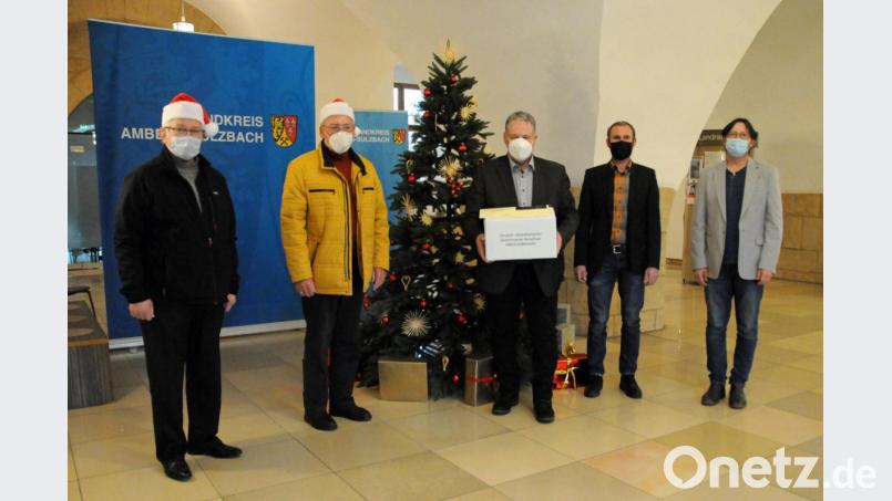 James P. Federline und Helmuth Wächter vom Deutsch-Amerikanischen Gemeinsamen Ausschuss überreichten eines der insgesamt 50 Päckchen an Landrat Richard Reisinger, Georg Jobst und Norbert Vogl vom Landratsamt Amberg-Sulzbach (von links). Bild: Christine Hollederer/exb