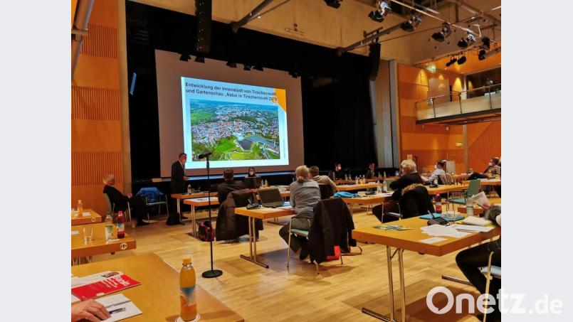 Bürgermeister Franz Stahl (vorne, stehend) bei seinem Vortrag im Starnberger Stadtrat. Bild: Stadt Tirschenreuth/exb