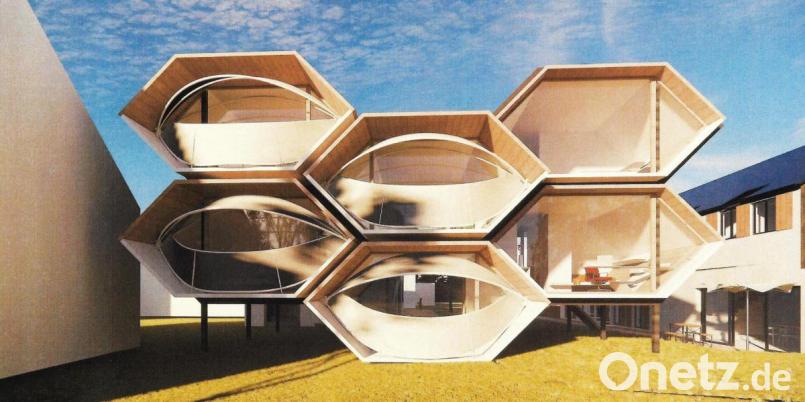 In diesen futuristischen Gebäuden für junge Leute gibt es alles, was modernes Wohnen ausmacht. Grafik: Architekturbüro Haimerl
