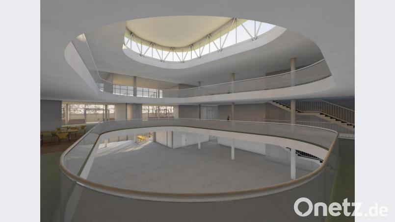 Der Mittelpunkt des neuen Gebäudes wäre wesentlich besser mit natürlichem Licht ausgeleuchtet als die jetzige Aula. Grafik: Obel-Architekten