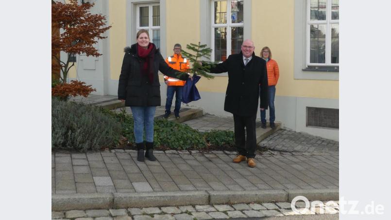 Strahlende Gesichter bei der symbolischen Baumübergabe: Vorne von links Sandra Schmidt (Geschäftsführerin Zweckverband) und Oberbürgermeister Oliver Weigel, hinten von links Jürgen Gläßel (Baumschutzbeauftragter der Stadt Marktredwitz) und Birgit Schelter (Leiterin Ordnungsamt der Stadt Marktredwitz); Bild: Stadt Marktredwitz/exb