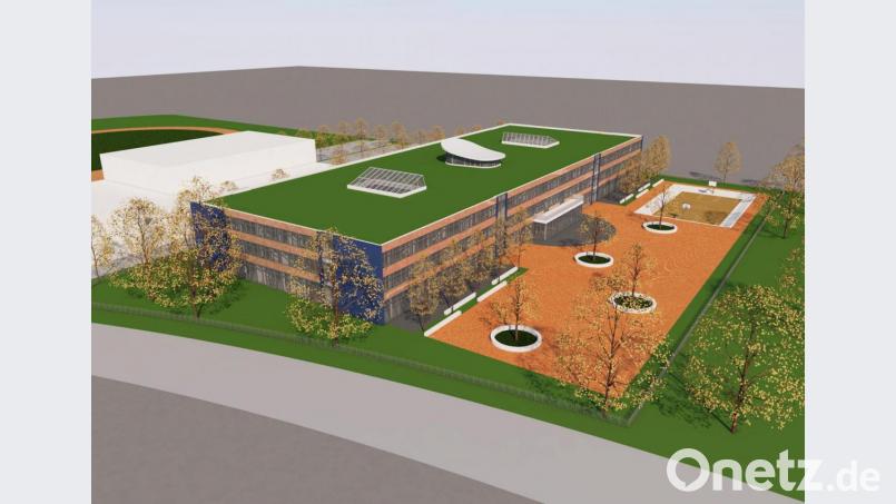 So könnten die neuen Realschulen in Nachbarschaft zur Sporthalle (links in Weiß) aussehen. Grafik: Obel-Architekten