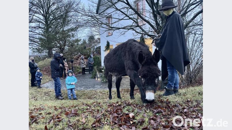 Ein echter Esel war in Hirschau bei der Station „Herbergssuche“ mit Margot Biegler und Ingrid Schlosser zu sehen. Bild: wku