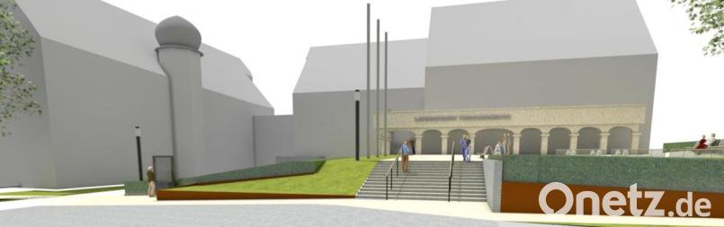So sieht der Innenhof des Landratsamtes nach den aktuellen Umbauplänen aus. Über eine Rampe gelangen Besucher auch mit Rollstuhl oder Rollator ins Gebäude, wo es ein ebenerdiges Besprechungszimmer gibt. Grafik: Landschaftsarchitekturbüro Stadt-Land-Fanck