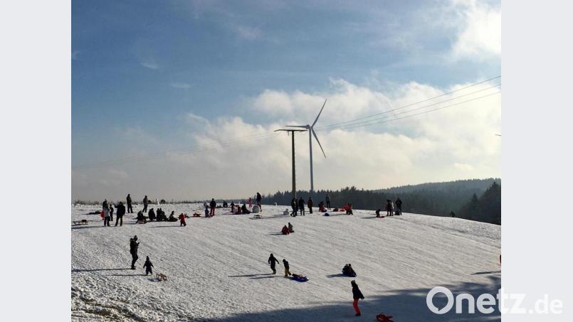 Nicht nur Langläufer waren am Rotbühl unterwegs - auch Rodler. Im Hintergrund eines der Windräder bei Witzlricht. Bild: upl