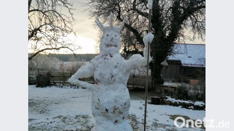 Ein ganz besonderer Schneemann wohnt seit einigen Tagen im Garten der Familie Kölbl in Lohe bei Mendorferbuch. Bild: Kölbl