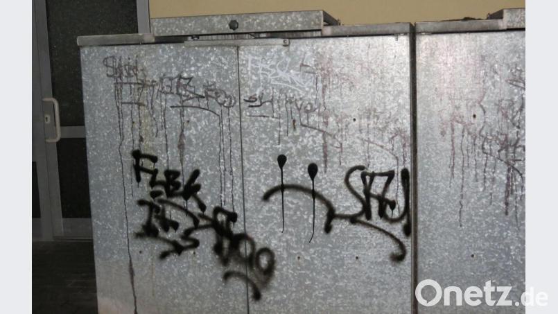 Der Sprayer hat sich auch an einer Mülltonnenverkleidung ausgelassen. Bild: Polizei Eschenbach/exb