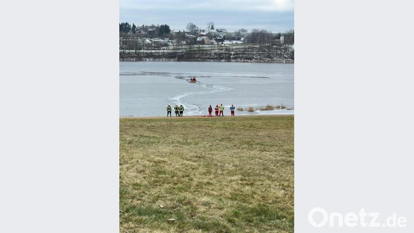 Die Aktiven von Feuerwehr und Wasserwacht versuchten, ein Reh aus dem Eixendorfer Stausee zu retten. Bild: Martin Frey/exb