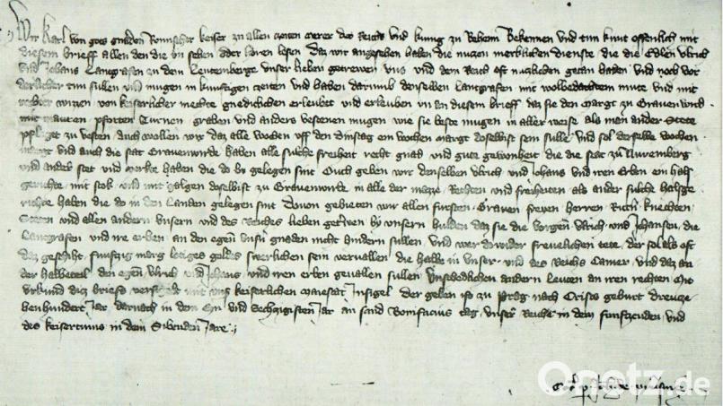 Kaiser Karl IV verlieh Grafenwöhr 1361 die Nürnberger Stadtrechte, die in der Urkunde bezeugt sind. Repro: info@museum-grafenwoehr.de