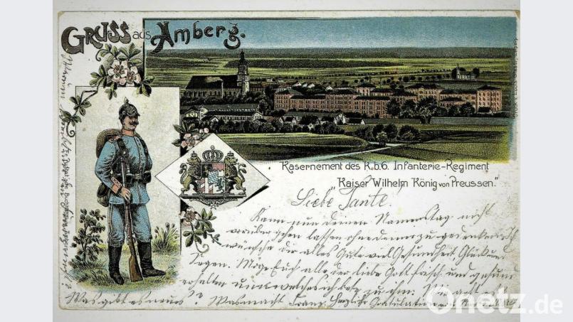 Diese Reproduktion einer historischen Postkarte von 1907 zeigt die Kaiser-Wilhelm-Kaserne in Amberg um 1900. Heute beherbergen die Gebäude Teile der OTH Amberg-Weiden. Bild: Sammlung Josef Schmaußer