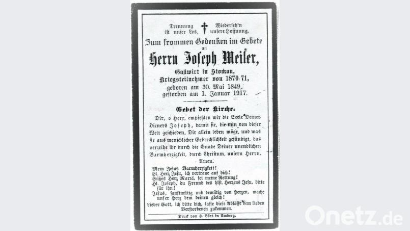 Um 1870 wurden auch für „die einfachen Leute“ erste Sterbebilder gedruckt. Dieses relativ frühe Zeugnis mit dem Hinweis auf die Kriegsteilnahme des Gastwirtes Joseph Meiler 1870/71 stammt aus Stockau in der Gemeinde Ursensollen. Bild: Sammlung Josef Schmaußer