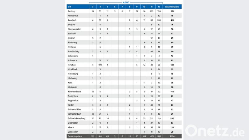 Die Corona-Statistik für die einzelnen Kommunen im Landkreis Amberg-Sulzbach und die Stadt Amberg im Jahr 2020 Der erste Covid-19-Fall im Amberg-Sulzbacher Land wurde erst im März registriert. Deshalb sind Januar und Februar in der Statistik nicht enthalten. Bild: Gesundheitsamt Amberg
