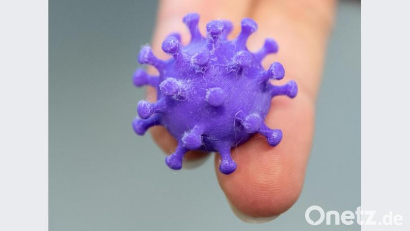 Eine Medizinisch-technische Assistentin im Labor im TU-Institut für Medizinische Mikrobiologie, Hygiene und Virologie im Uniklinikum Dresden hält auf zwei Fingern ein 3D Druck von einem Coronavirus. Symbolbild: Robert Michael/dpa