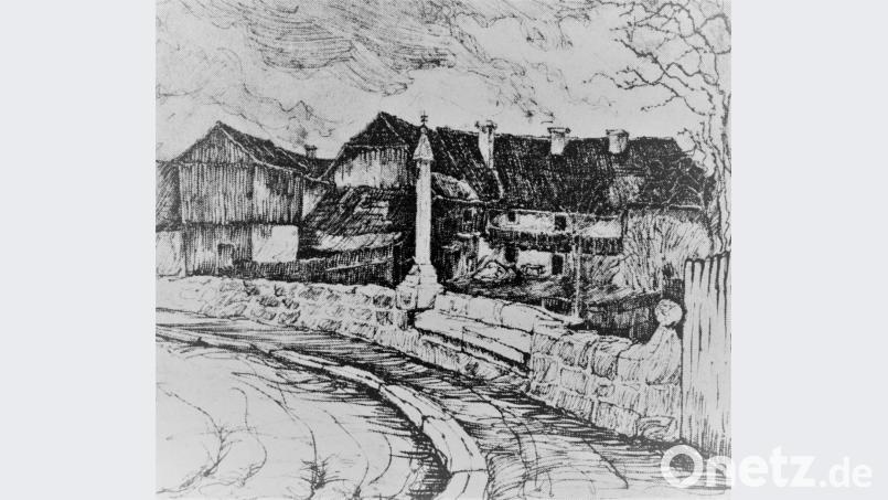 Eine der frühen Federzeichnungen von Herbert Molwitz zeigt die Hungersäule in der Martin-Zehendner-Straße. Repro: wmr