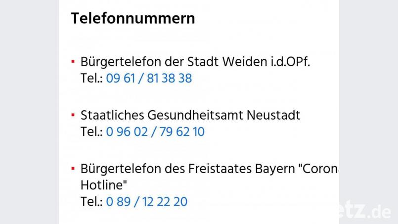 Auf ihrer Webseite bietet die Stadt Weiden das Corona-Bürgertelefon noch immer an. Wer anruft, stößt auf eine leere Leitung. (Stand: 12. Januar 2021) Screenshot: blf