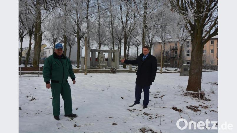 Stadtgärtner Willi Kilian (links) und Bürgermeister Stefan Grillmeier informierten vor dem Kriegerdenkmal an der Waldsassener Straße über die kürzlich erfolgte Entfernung von Sträuchern und Gehölzen. Bild: jr