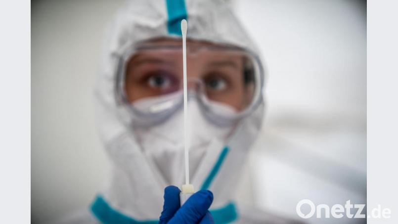 Eine Mitarbeiterin des medizinischen Personals betrachtet ein Wattestäbchen nach einem PCR-Abstrich zum Test auf Covid-19. Symbolbild: Michael Kappeler