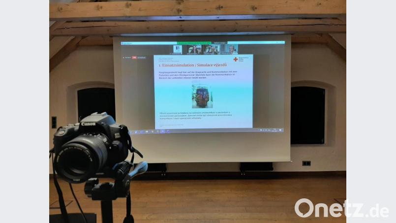 Statt vor Publikum läuft der Vortrag im CeBB online auf der Leinwand. Bild: eib