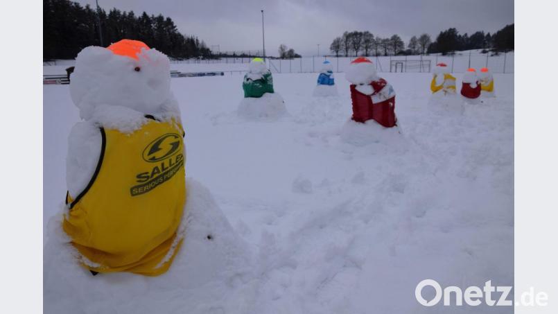 Diese Schneemänner sind derzeit auf dem Sportgelände des TuS Kastl zu sehen. Bild: bö