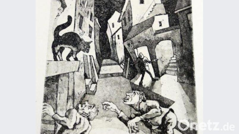 Ein schwarzer Kater faucht torkelnde Zecher an. Allegorisch hat Künstler Stefan Schadeck hier den Neustädter Fasching umgesetzt. Wer ähnliche Anekdoten augenzwinkernd in Textform formulieren will, ist als Zuarbeiter der Faschingszeitung herzlich willkommen. Bild: Gerhard Götz