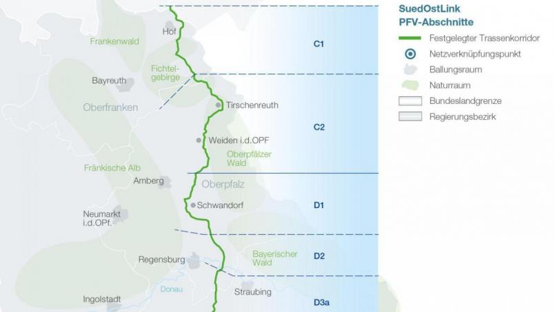 Die Planungsabschnitte des Süd-Ost-Links. Bild: Tennet
