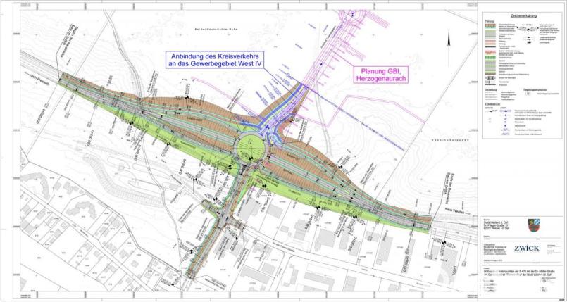 Die Bundesstraße 470 verläuft von Ost nach West im Süden des künftigen Anschlusses. Nach den bisherigen Planungen wird sie nach Norden verlegt und höhenfrei unter dem neuen Kreisverkehr hindurch geführt. An die neue Fahrbahn docken beidseits die Auf- und Abfahrrampen an. Die Verteilung der Kreuzungsverkehre übernimmt der große Kreisel, der zudem durch einen Bypass die Fahrzeuge aus dem Osten direkt ins geplante Gewerbegebiet West IV leiten kann. Bild: GDI/Ing.-Büro Zwick.