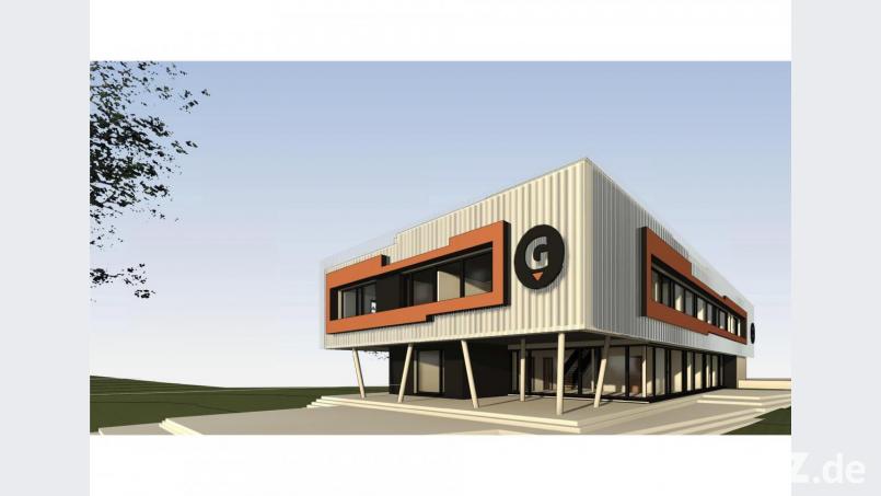 So soll der Neubau aussehen, den das Vohenstraußer Unternehmen Reger Bau nach Plänen seines hauseigenen Architekten Fabian Knorr realisieren wird. Die Stelen stehen für Bohrpfähle, das Sinnbild des Spezial-Tiefbauunternehmens Gollwitzer. Bild: Josef Reger Bau/exb