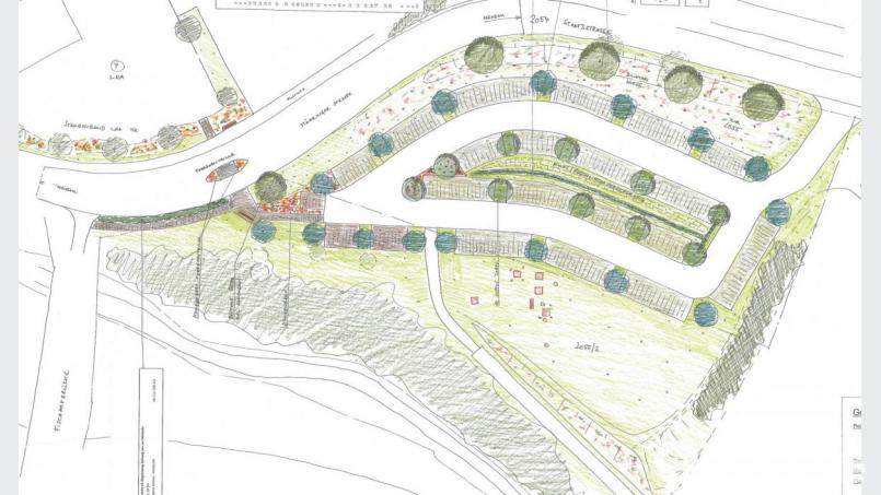 Der Stadtrat ist mehrheitlich für die Neugestaltung des Parkplatzes an der Mähringer Straße. Der Entwurf sieht nur mehr eine Ein- und Ausfahrt von oben her vor. In Höhe der jetzigen unteren Zufahrt soll eine "Querungshilfe" in der Staatsstraße entstehen. Die Ausführung soll in diesem Jahr erfolgen. Grafik: Ingenieurbüro Bork/exb
