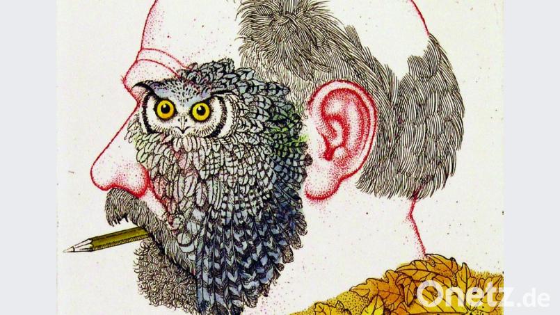 So sieht sich Michael Mathias Prechtl selbst. Sein linkes Auge dieser Farbradierung von 1994 ziert eine Eule. Bild: Michael Mathias Prechtl: Selbstbildnis mit Eule, aus "Michael Mathias Prechtl - Das druckgrafische Werk", 1994