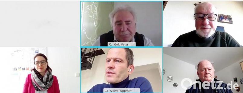 Bundestagsabgeordneter Albert Rupprecht (unten, Mitte) sprach über aktuelle Probleme der Senioren mit (oben, von links) Seniorenbeauftragtem Peter Gold und Senioren-Unionsvorsitzendem Georg Stahl sowie
(unten) Seniorenbeauftragter Monika Robl und Senioren-Unionsvorsitzendem Hartmut Brönner. Screenshot: Bühner