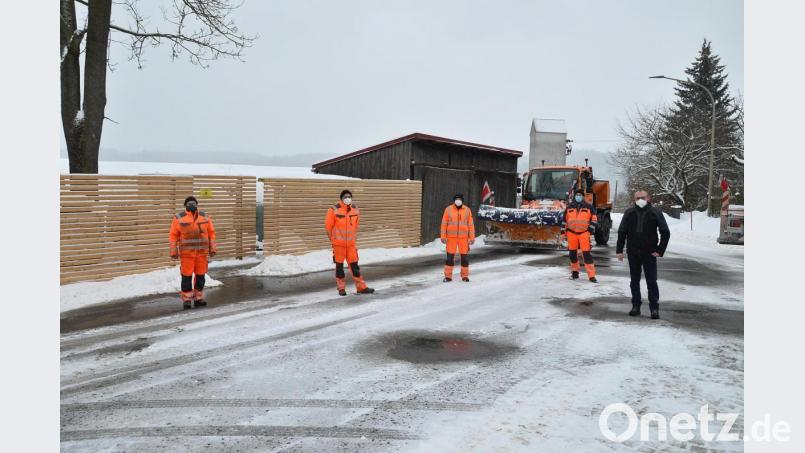 Bürgermeister Markus Bauriedl freut sich über jenen von Johannes Grötsch, Wolfgang Hettler, Wolfgang Hierold und Albrecht Müller (von rechts) in Eigenregie verwirklichten Sichtschutz in der Ortsmitte. Bild: fjo