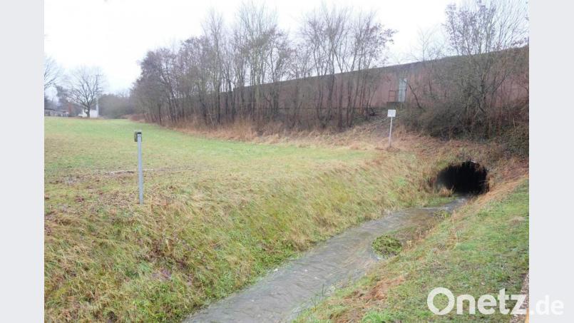 Der Vetterlbach im Ortsteil der Gemeinde Schwarzach fließt entlang der Bachstraße zum Durchlass unter der A 93 und mündet anschließend in die Naab. Bei extremer Hochwassersituation bildet sich ein Rückstau. Die Flut kann ausufern und die angrenzenden Flächen überschwemmen. Bild: ohr