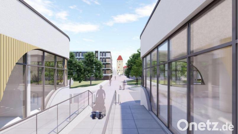 Der geplante geradlinige Verbindungsweg für Fußgänger schafft eine barrierefreie, direkte Verbindungsachse zum Stadtturm und der Altstadt. So sollen beide Areale miteinander verbunden werden und die Fußgänger einen Anreiz erhalten, zum shoppen weiter in die Innenstadt zu bummeln. Grafik: Friedrich W. Groefke