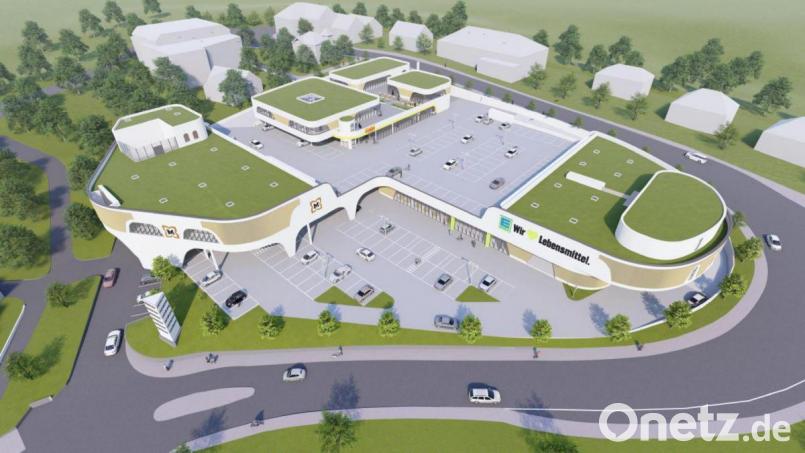 An Ostern 2022 sollen die Oberpfalz-Arkaden eröffnen. 80 Prozent der Fläche sind bereits vermietet, dazu gehören als Hauptmieter Edeka, Netto und die Drogerie Müller, die in das neue Zentrum umzieht. Auch NKD, KiK, eine Bankfiliale, Loto Toto, Physiotherapie und ein Restaurant sollen einziehen. Grafik: Architekt Friedrich W. Groefke