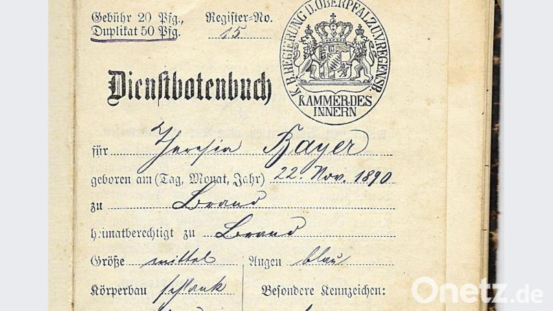 Die erste Seiten eines Dienstbotenbuches aus dem Jahr 1910. Neben dem Namen sind mehrere Merkmale eingetragen, und auch der Preis ist ersichtlich. Bild: ld