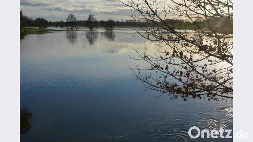 Große Wasserflächen haben sich auf Wiesen und Feldern im Bereich zwischen Hofteich um der Kriegermühle gebildet. Bild: jr
