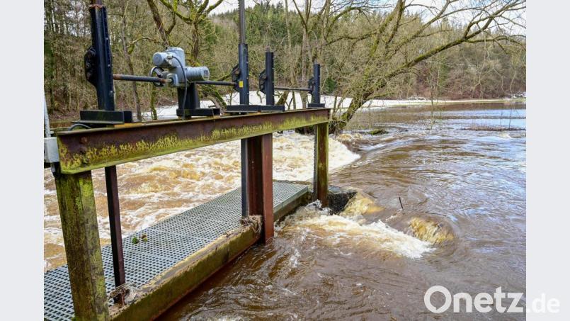 Die starken Schneefälle und die anschließende Tauwetterphase mit kräftigen Regenfällen ließen den Wasserspiegel der Fichtelnaab stark ansteigen, so dass das Wehr beim Hammerschloss in Grötschenreuth die großen Wassermassen kaum mehr bewältigen konnte und die Naab in seiner ganzen Länge über die Ufer trat. Bild: sds