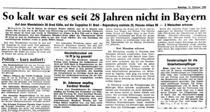 Aus dem Archiv: Die große Kälte war auch 1956 ein Thema in der Tageszeitung. Screenshot: Der Neue Tag/Archiv